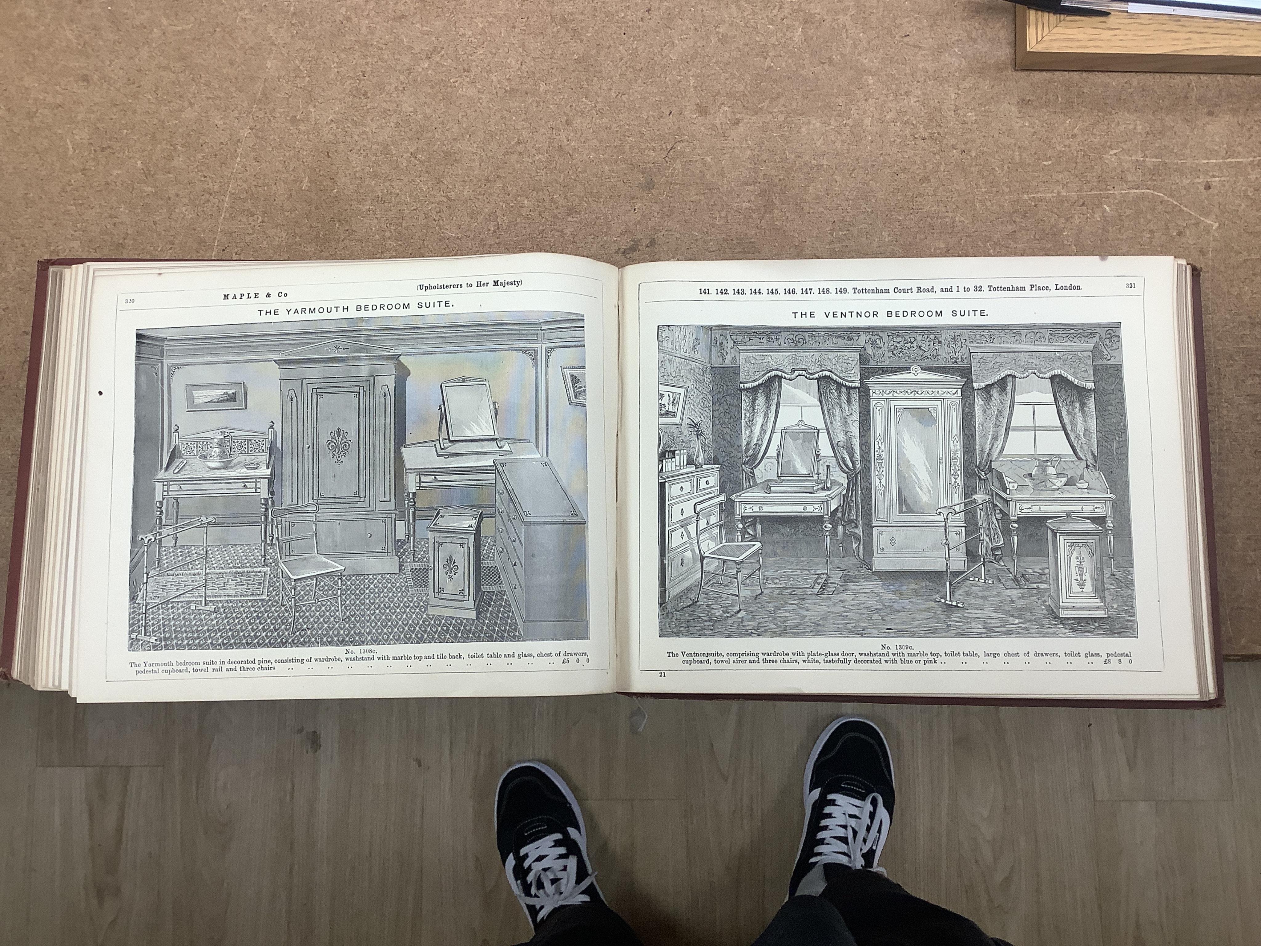 A Maple and Co illustrated catalogue of furniture, Tottenham Court Road, London. Illustrated throughout (including a number of coloured plates). Original gilt lettered cloth, oblong 8vo. (ca 1885). Condition - inner hing